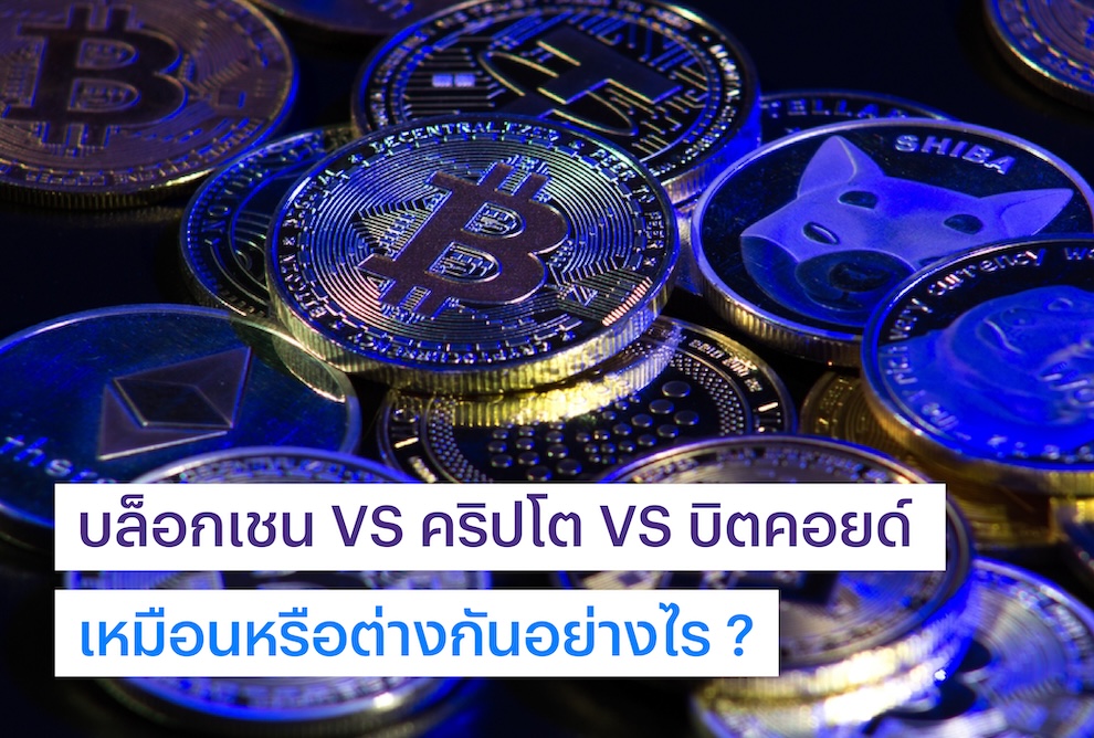 ภาพเหรียญ Crypto หลากหลายประเภทวางเรียงราย
